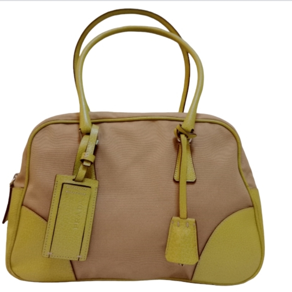 PRADA Tote Bag Shoulder Bowling Beige × Yellow Canvas Leather